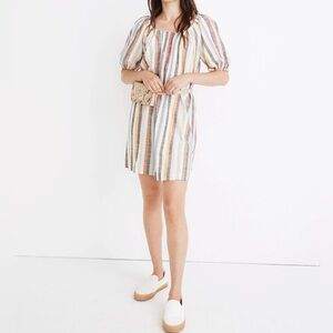 Puff-Sleeve Trapeze Mini Dress in Rainbow Stripe XS